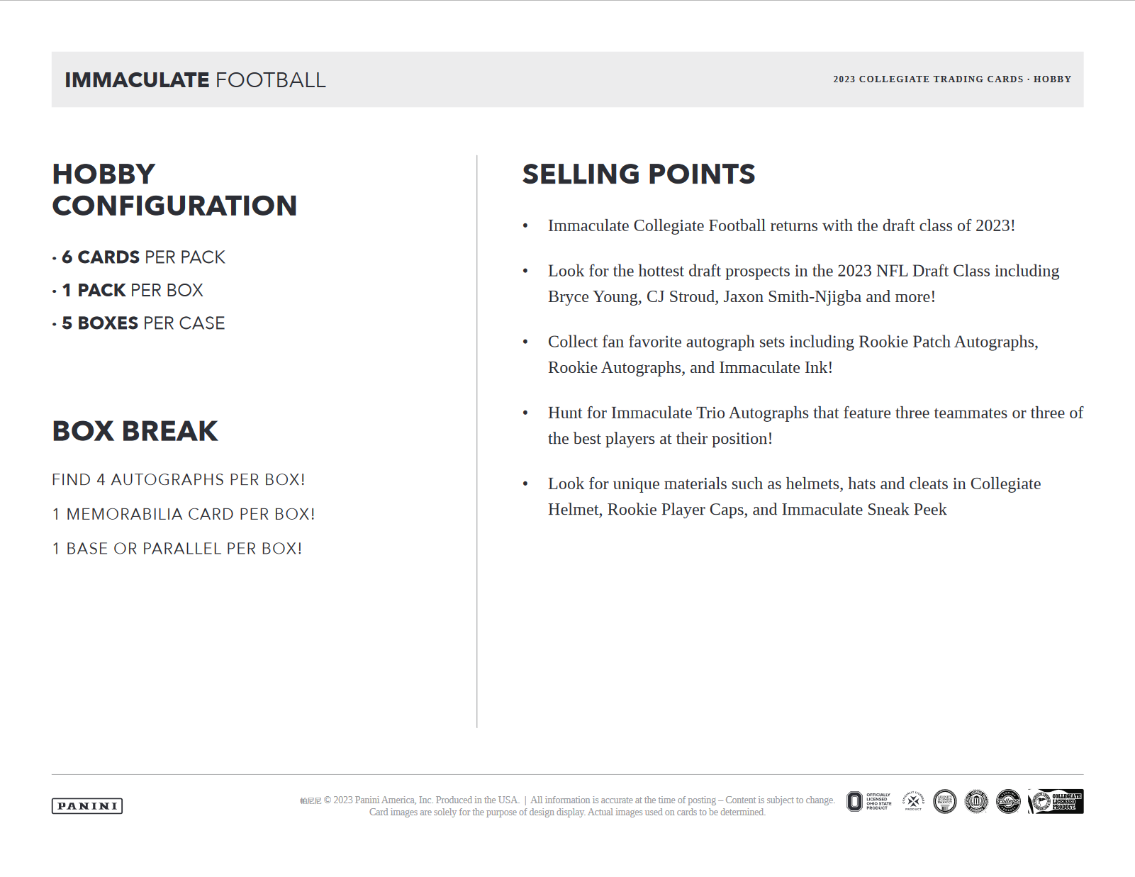 2023 Panini Immaculate Collegiate Football Hobby 5 Box Case