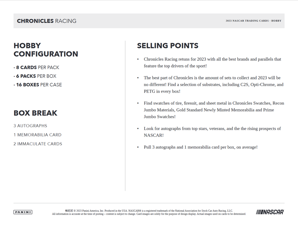2023 Panini Chronicles Racing Hobby 16 Box Case