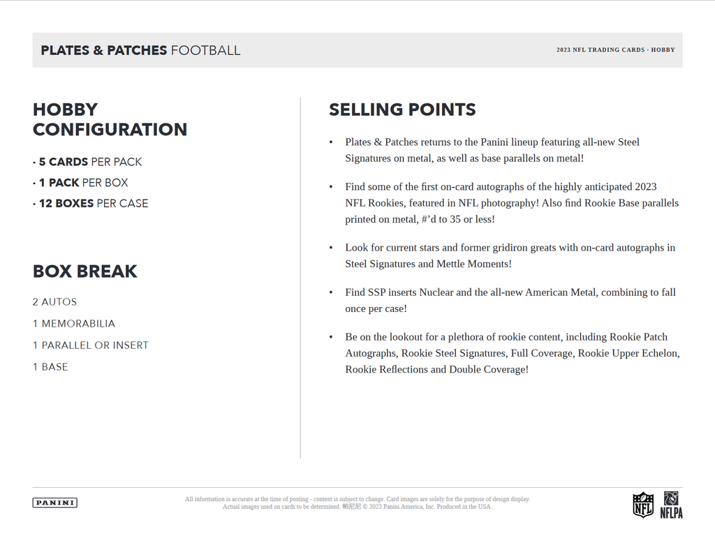 2023 Panini Plates & Patches Football Hobby 12 Box Case