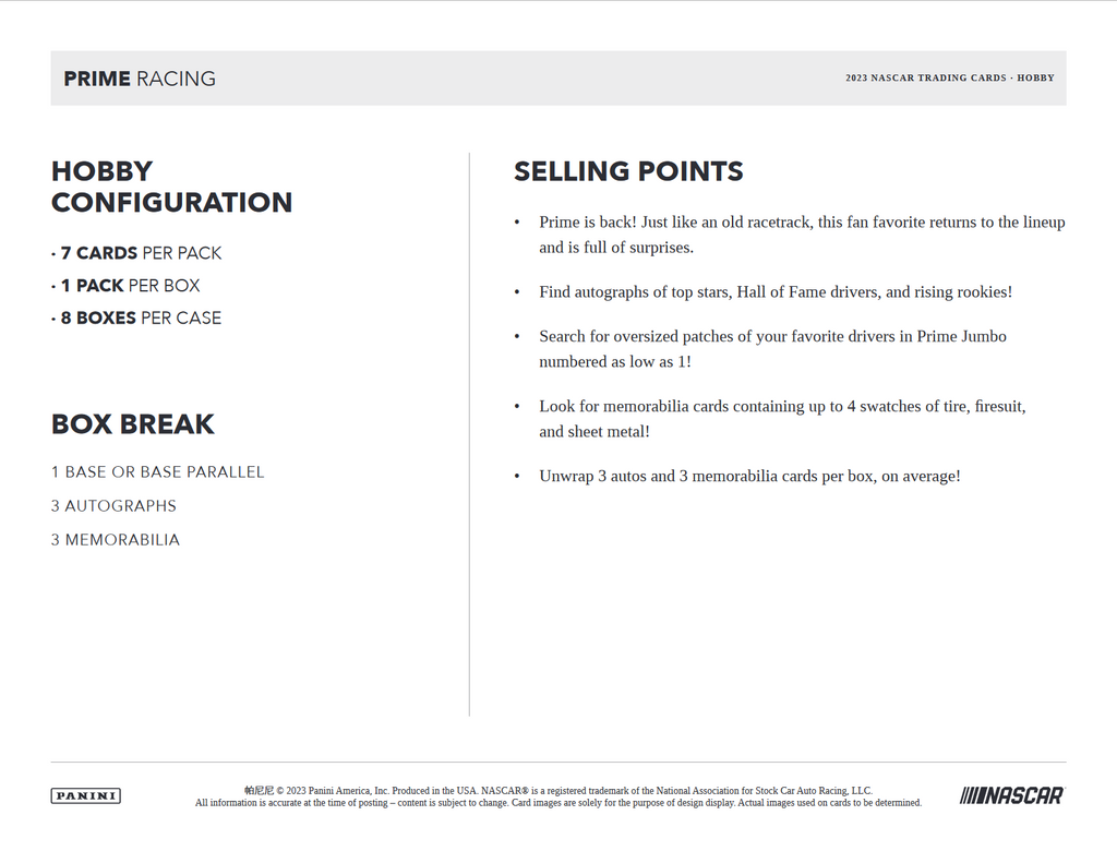 2023 Panini Prime Racing Hobby 8 Box Case