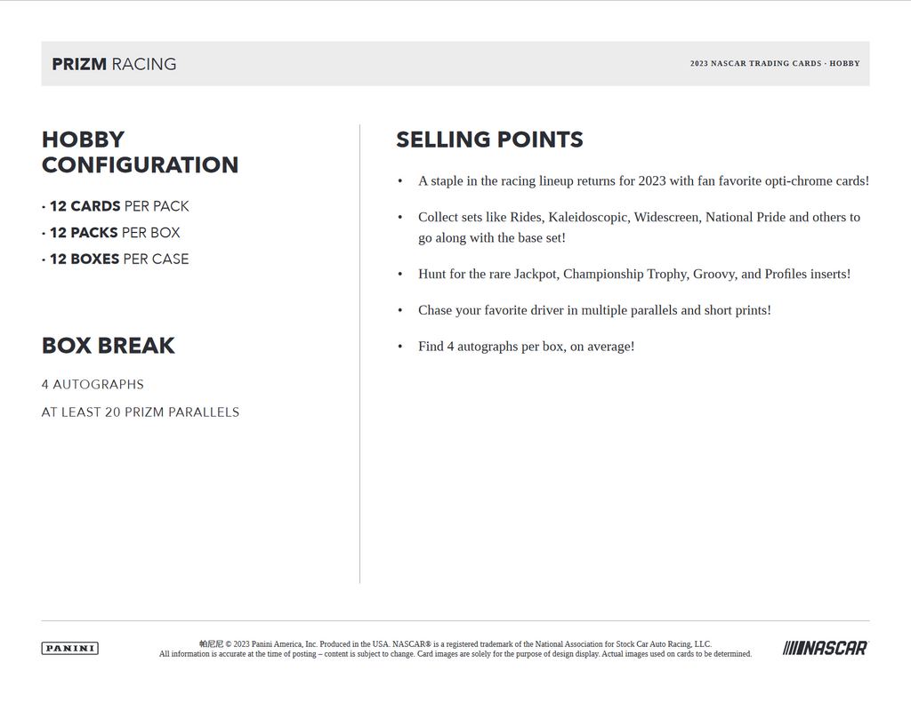 2023 Panini Prizm Racing Hobby 12 Box Case